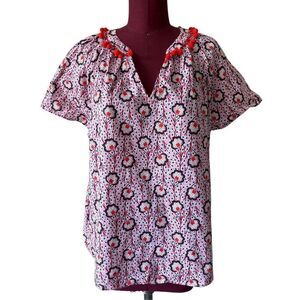 Boden Top Blouse Floral Print Pom Pom Nessa Boho Pink Blue Red Size 14 Short Sle